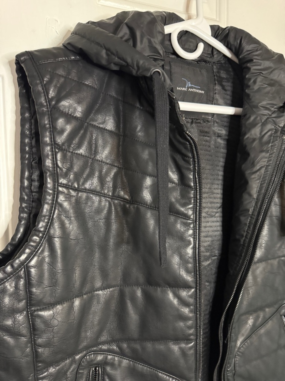 Marc Anthony Black Quilted Faux Leather Hooded Motorcycle Vest with Zipperpkts